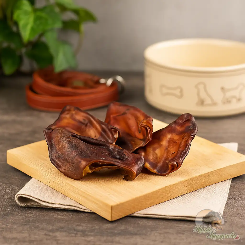Schweineohren sind ein fettreicher Hunde-Kausnack und sollten in Maßen gefressen werden. Schweineohren Hunde-Kausnack 60-75 Gramm
