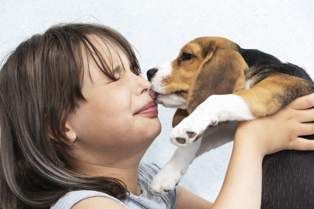 Hund leckt Frauchen im Gesicht - Corona und Hund