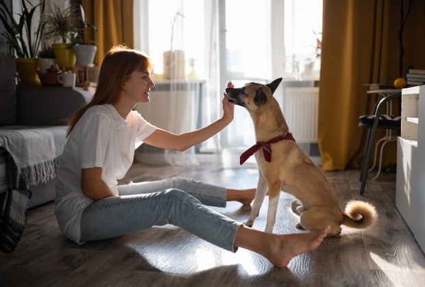 Frau füttert Snack an Hund