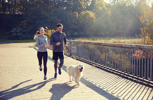 Junes Jogger-Paar läuft mit ihrem Hund