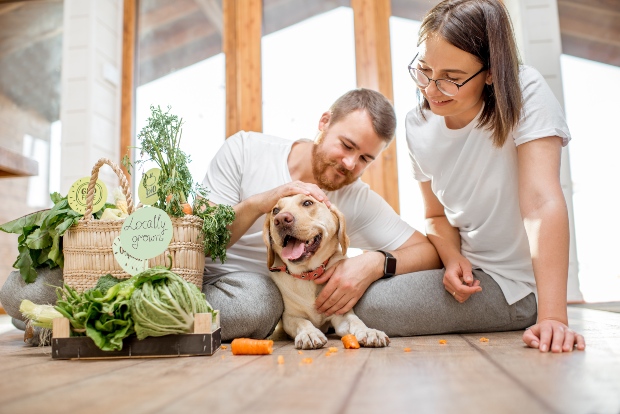 Hund mit Familie, viel frisches Gemüse - ohne Geschmacksverstärker im Hundefutter 
