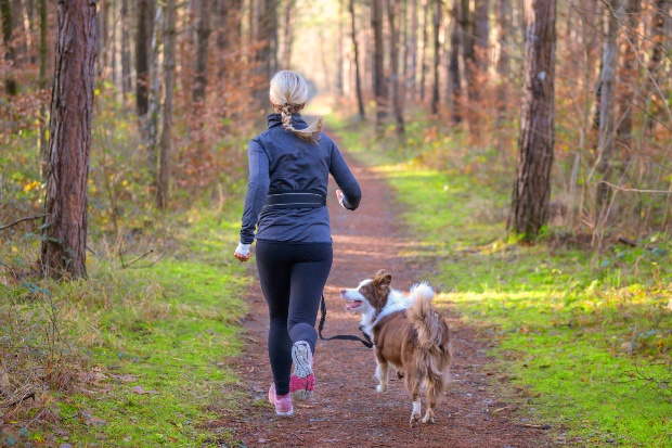 Frau Joggt mit Hund im Wald - Joggen mit Hund ist gesund für alle