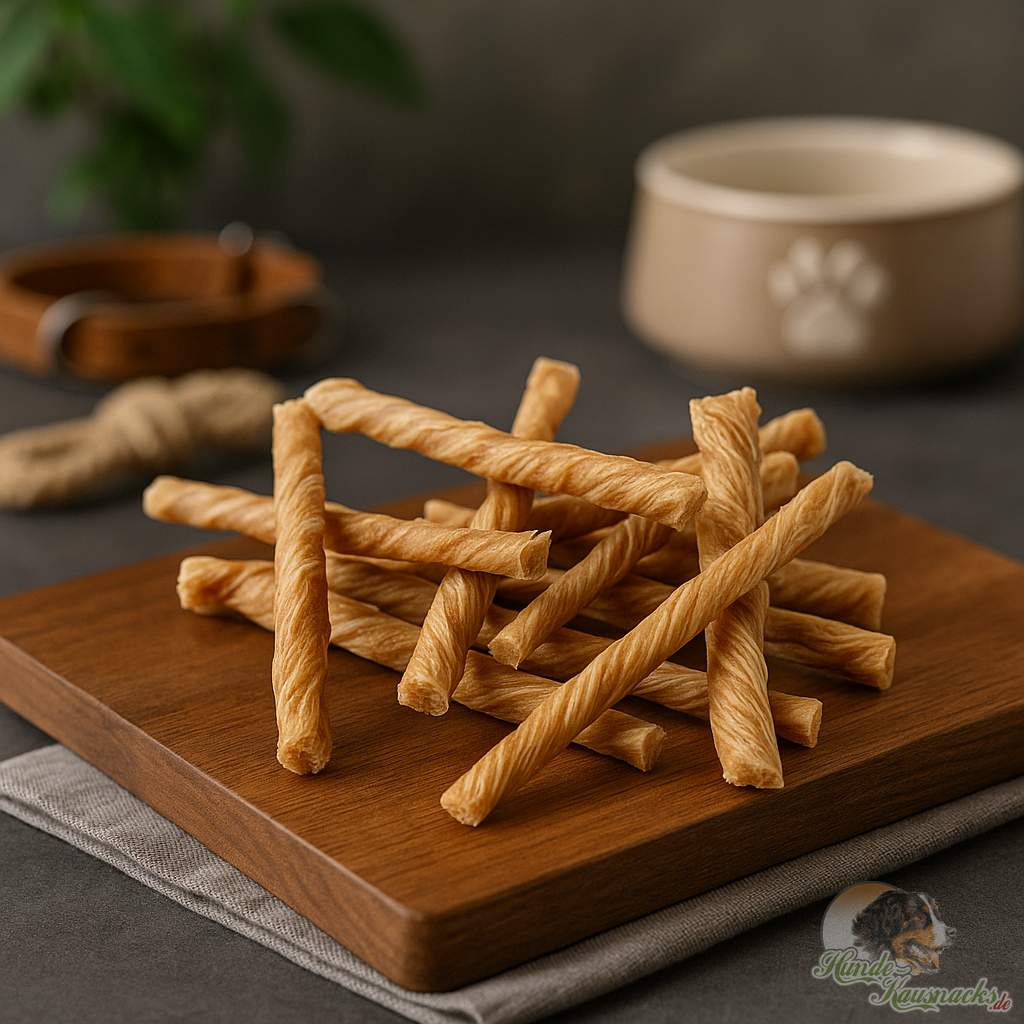 Getrocknete Kälberblasen-Sticks, ausgezeichneter Hundekauartikel der besonders für Welpen und kleine Hunde geeignet ist.