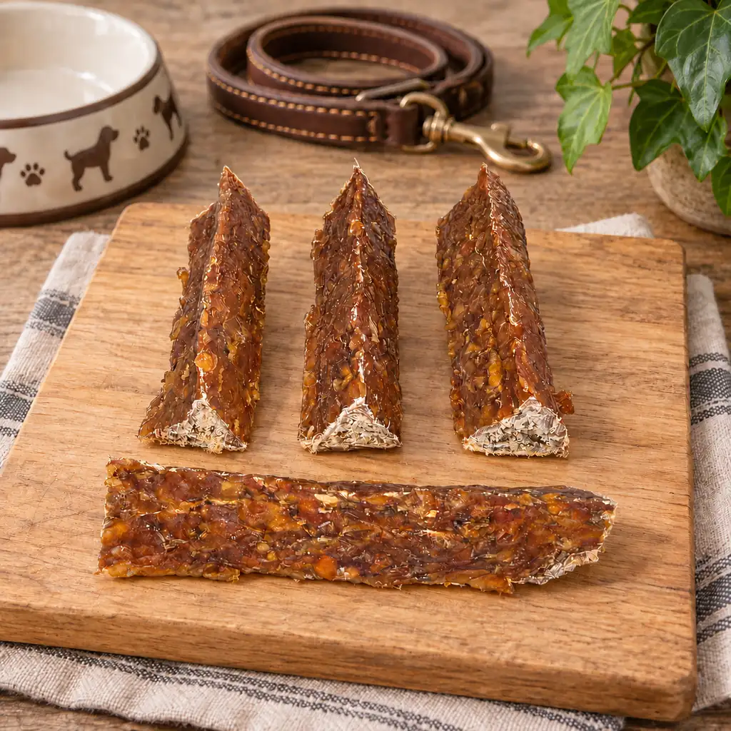 Rawhide Kaudreieck mit Rind und Kurkuma – Produktdarstellung teilweise mit KI bearbeitet