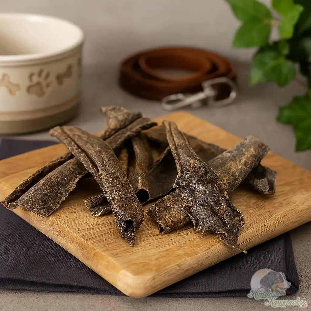 Straußen-Hautstreifen für Hunde, naturbelassen, hypoallergen, getrocknete Kausnack-Streifen.