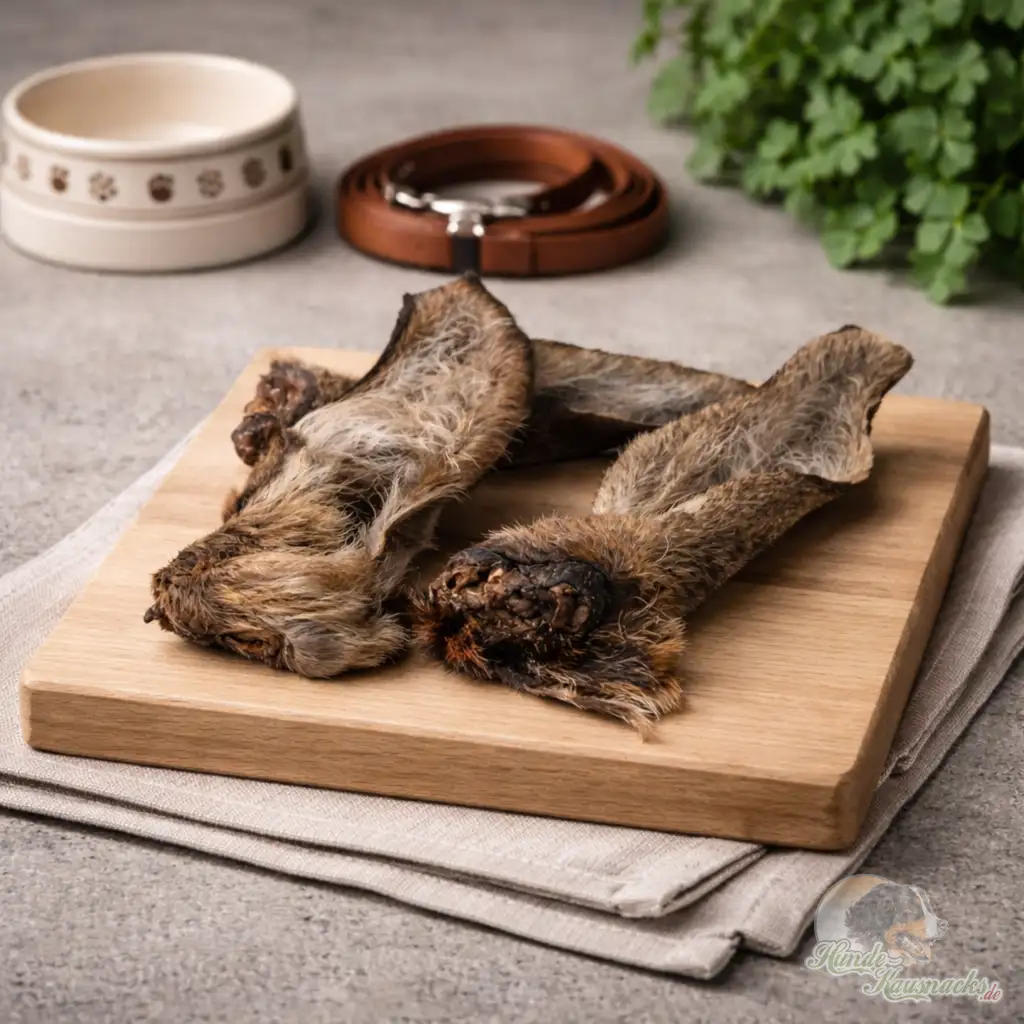 Getrocknete Rehohren mit Fell als Kauartikel für Hunde