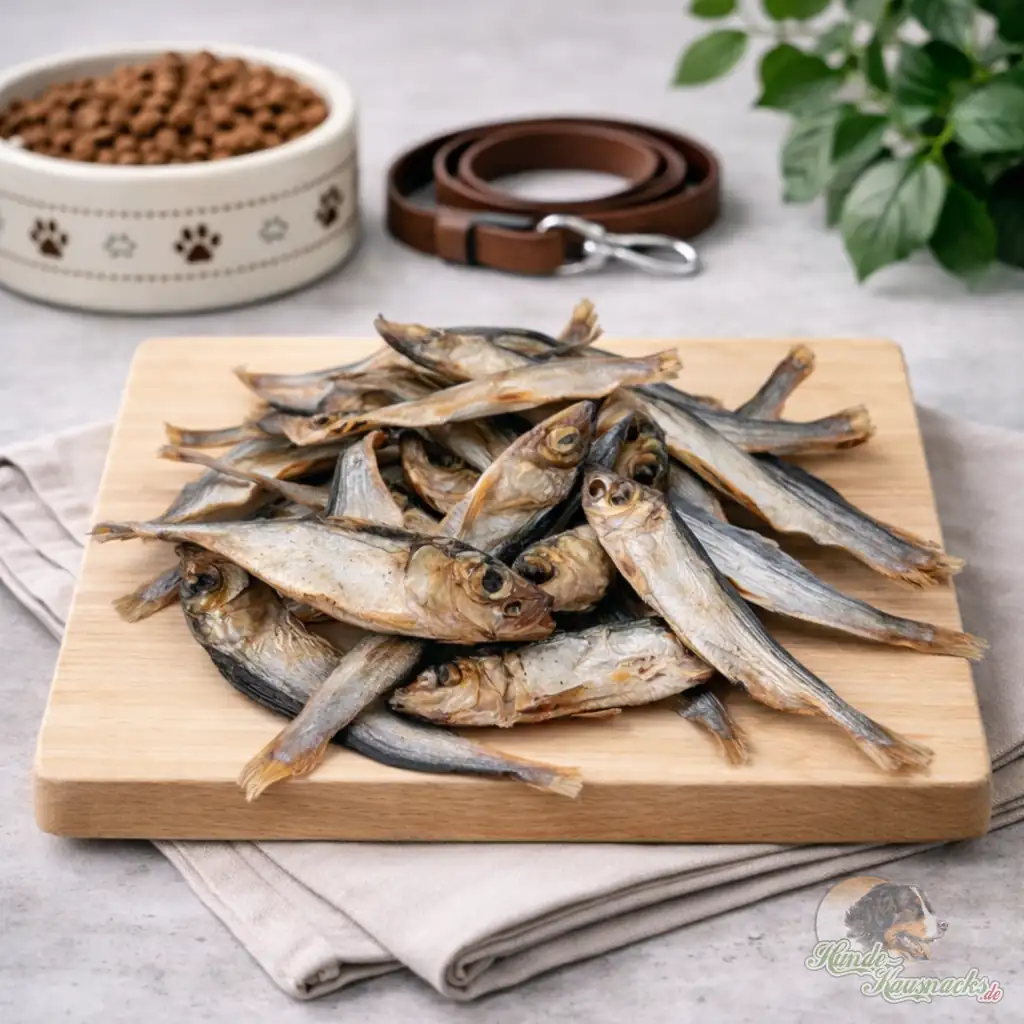 Getrocknete große Sprotten, ganze Fische als Hundesnack für Training und Belohnung