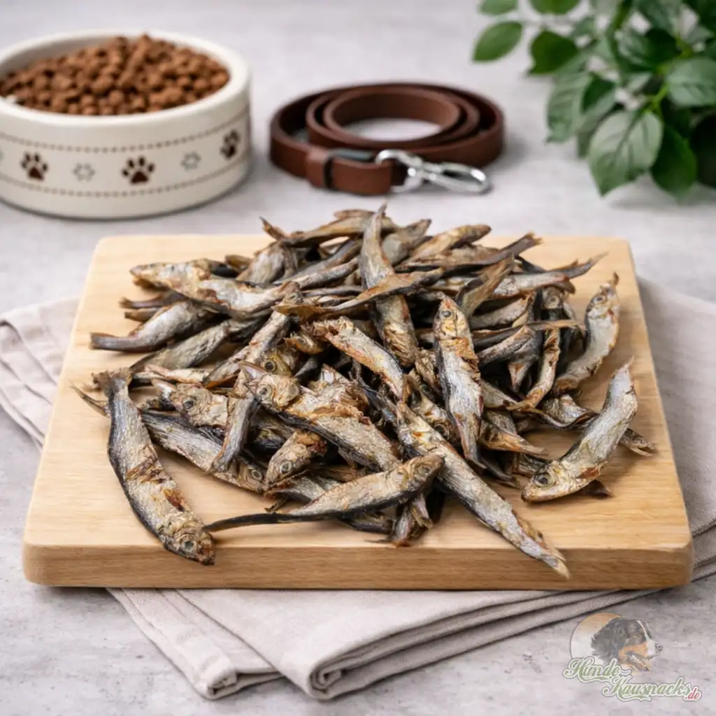 Kleine getrocknete Sprotten, ganze Fische als Hundesnack für Training und Belohnung