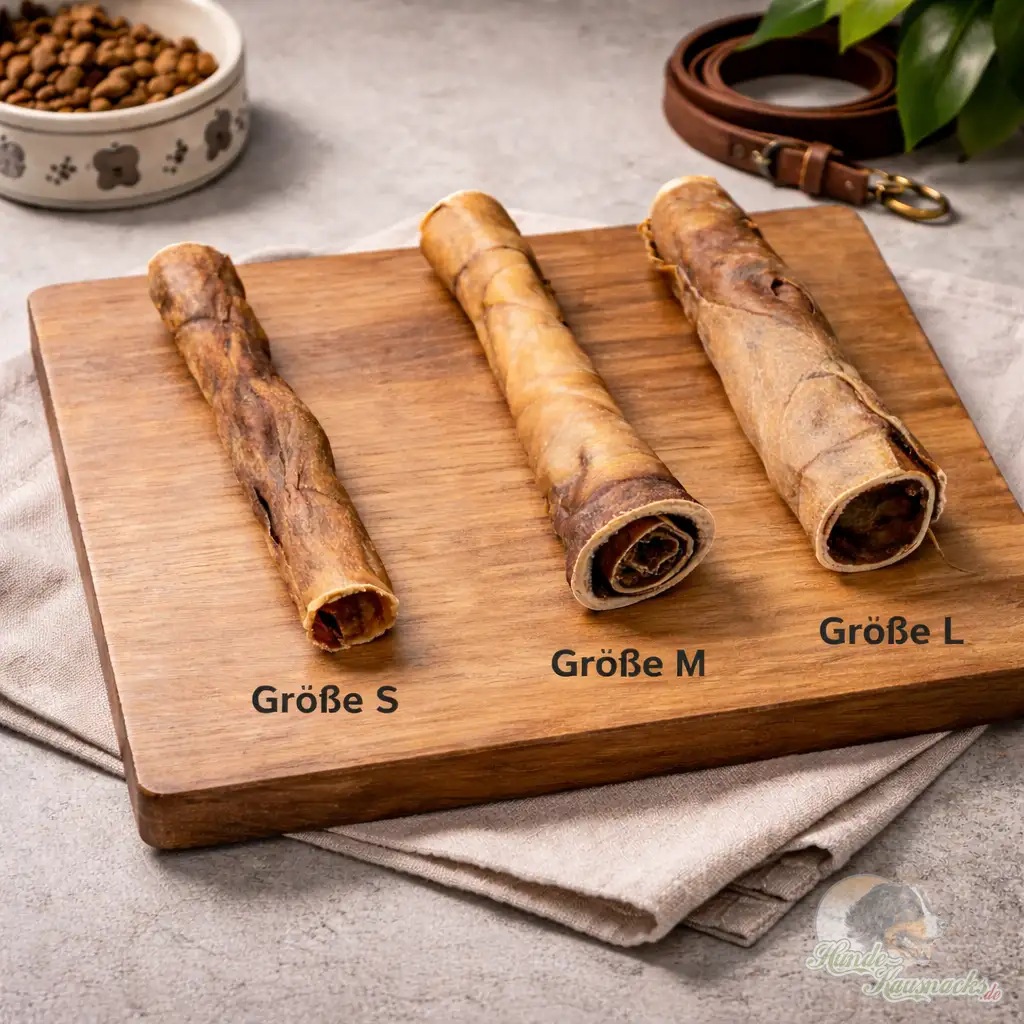 Größenvergleich Lammhaut-Rollen 30 cm Gr.S als hypoallergener Kausnack für Hunde