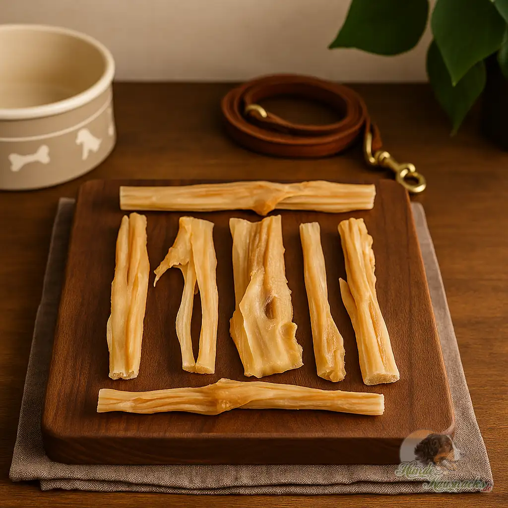 Getrocknete Ziegen-Hautstangen 17 cm, fettarmer, hypoallergener Kausnack für Hunde.