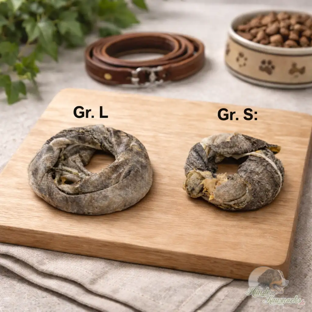 Größenvergleich Dorschhaut-Donuts Größe S, fettarmer Kausnack, 2% Fett