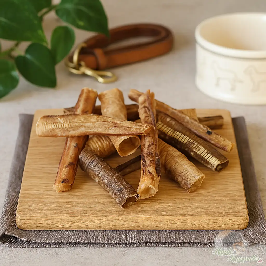 Straußenstrossen, fettarmer Hundesnack, hypoallergen, naturgetrocknet, geeignet für alle Hundegrößen.