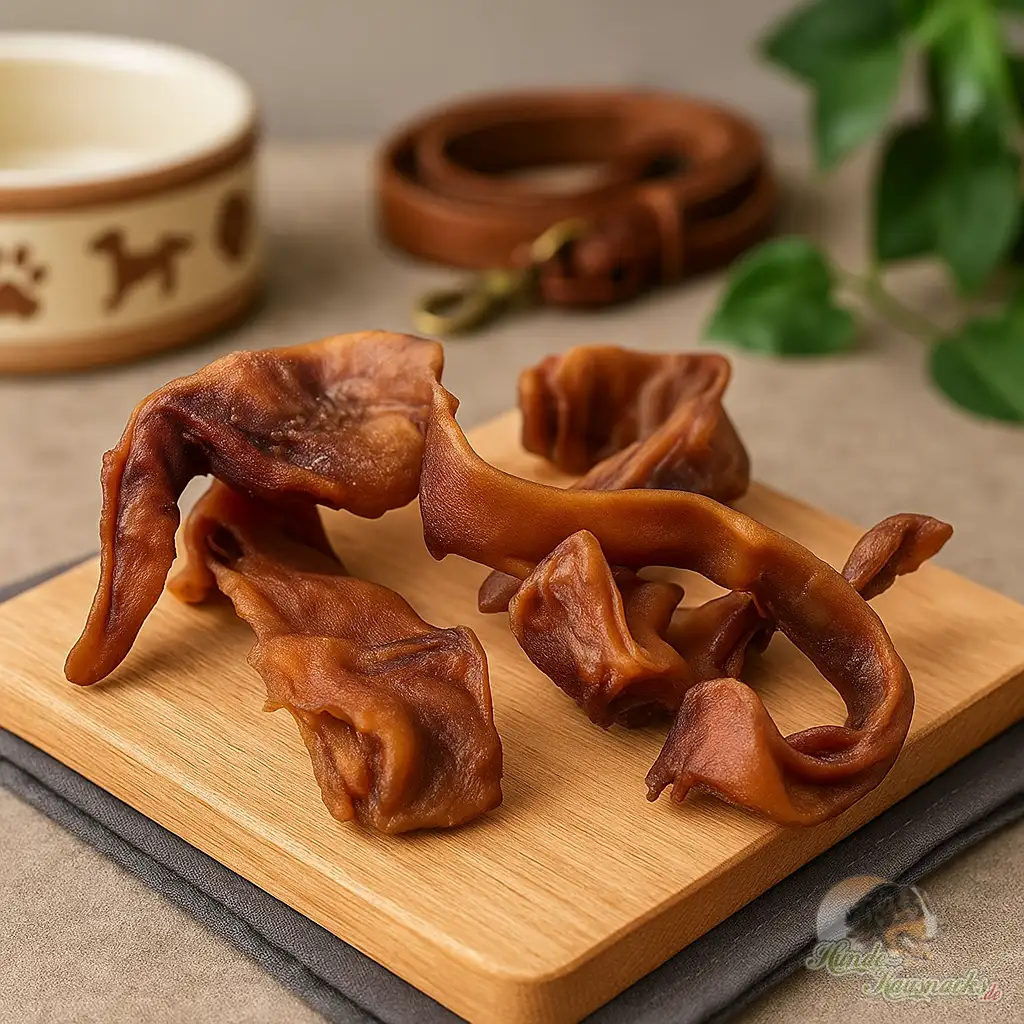Schweineohren-Stix, getrocknete Schweineohrstreifen als Kausnack für Hunde.