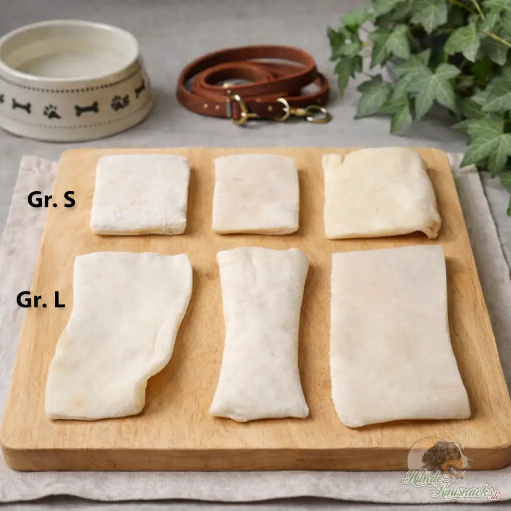 Größenvergleich Zahnputz-Kaustreifen Büffelhaut