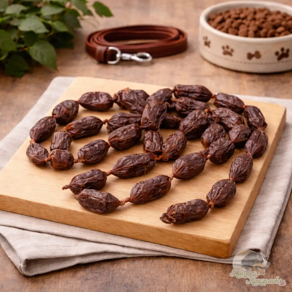 Mini-Hirschwurst aus 96% Hirsch-Muskelfleisch, hypoallergener Hundesnack für Allergiker