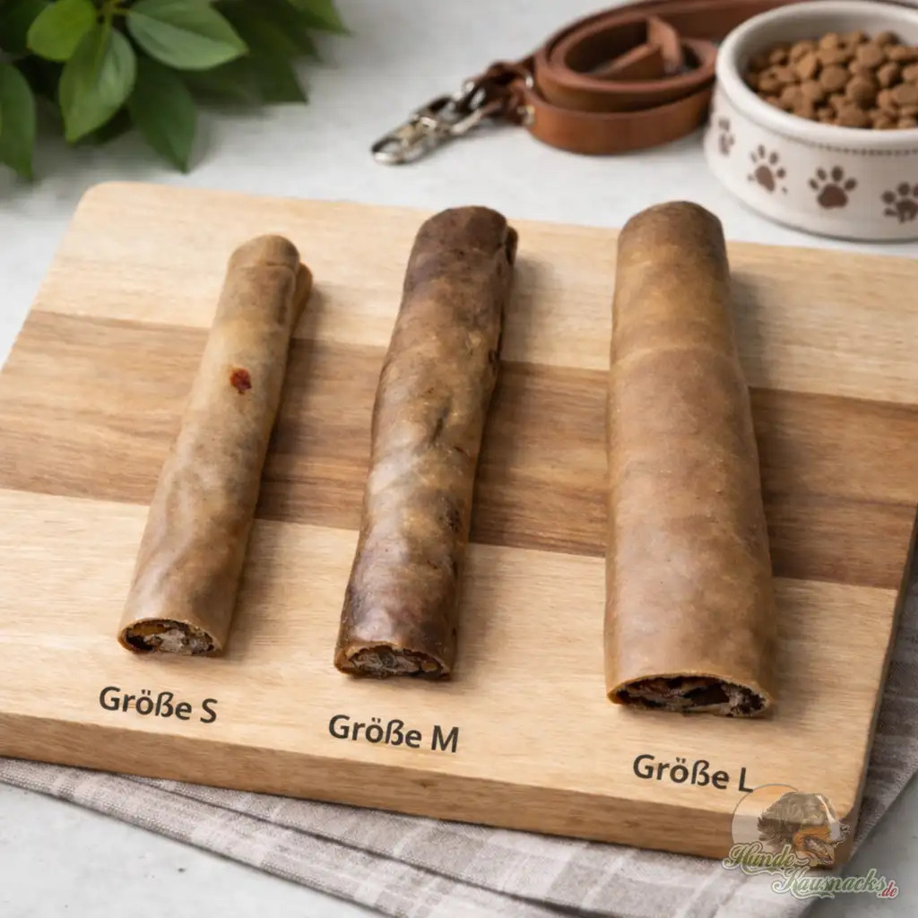 Größenvergleich Kamelhaut-Rollen 30cm Gr.S extra harter Kauartikel für Hunde zur Zahnpflege