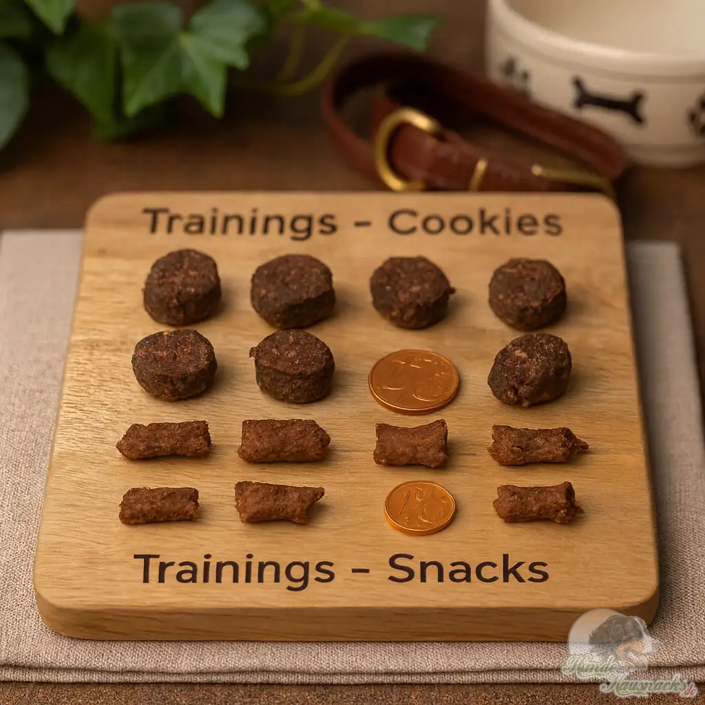 Trainings-Cookies-Rindfleisch im Größenvergleich mit 1- und 2-Cent-Münzen auf Holzbrett – zeigt kleine, natürliche Hundesnacks aus Rindfleisch