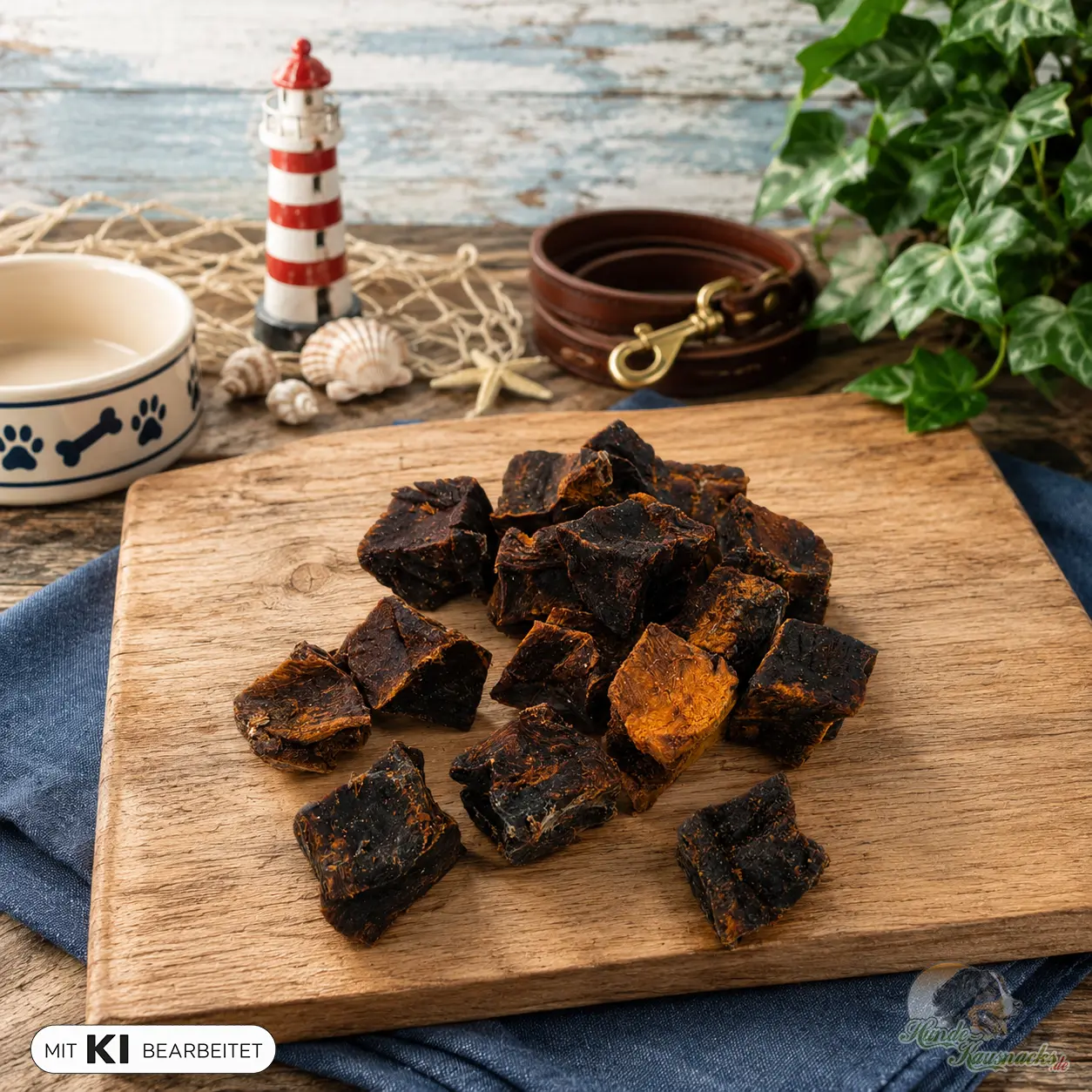 Thunfisch-Filetwürfel Hundesnack – Produktdarstellung teilweise mit KI bearbeitet