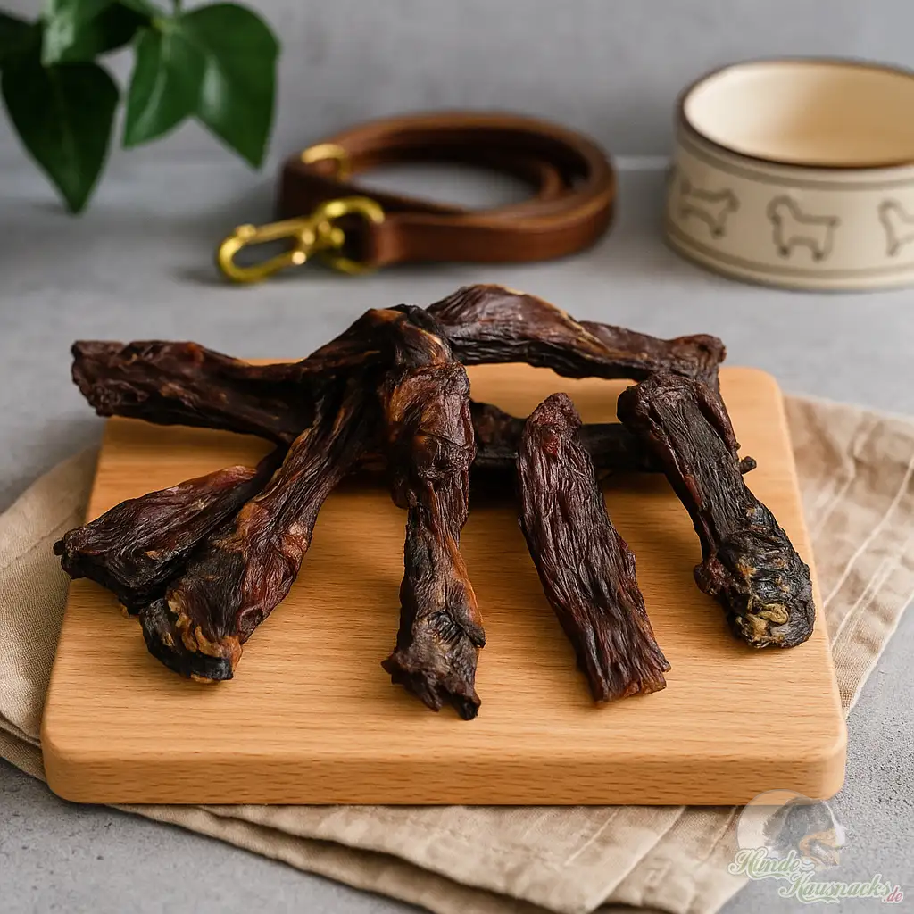 Straußenfleischstücke Biltong für Hunde, hypoallergen, naturbelassen und ohne Zusätze.