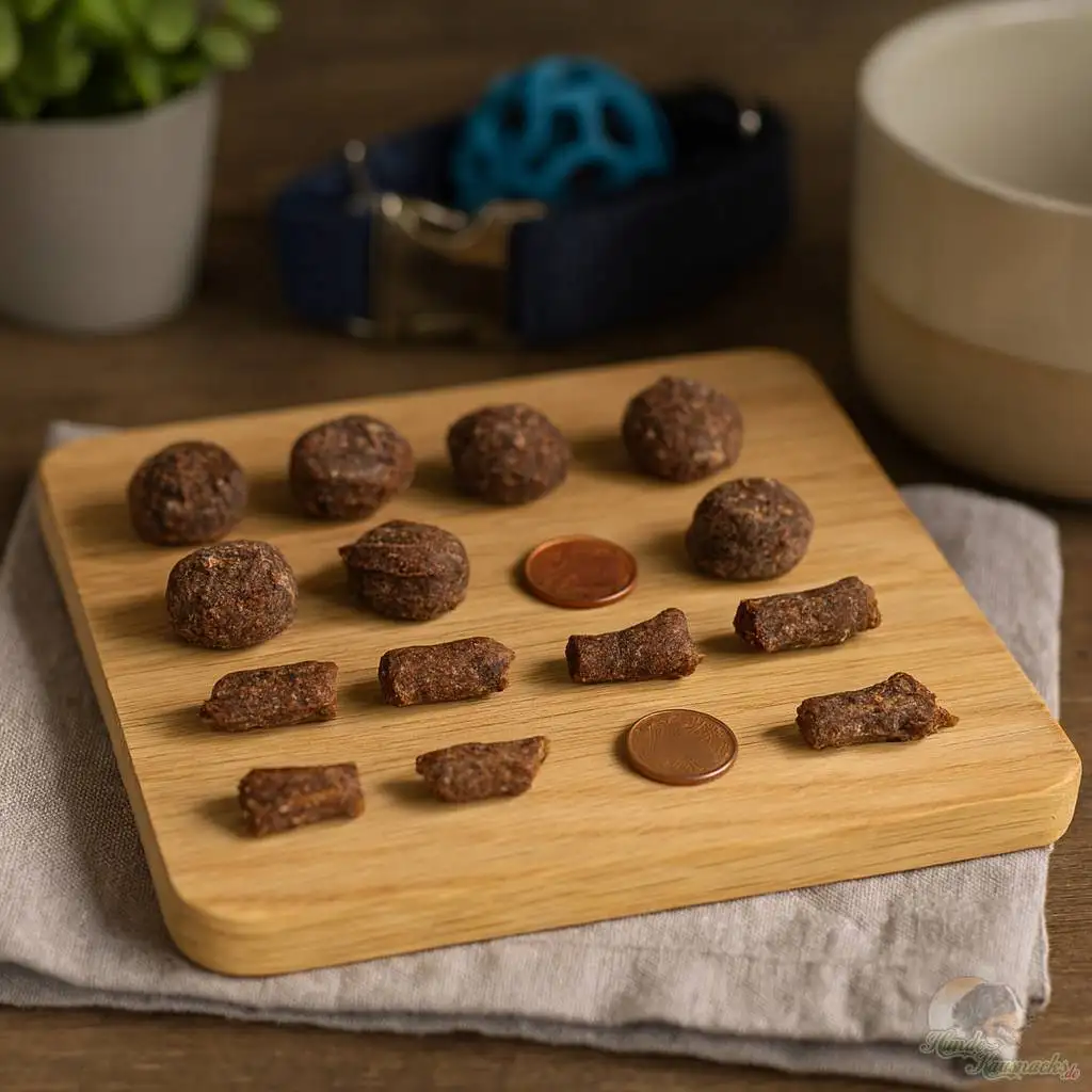 Trainingssnacks-Rindfleisch im Größenvergleich mit 1- und 2-Cent-Münzen auf Holzbrett – zeigt kleine, natürliche Hundesnacks aus Rindfleisch