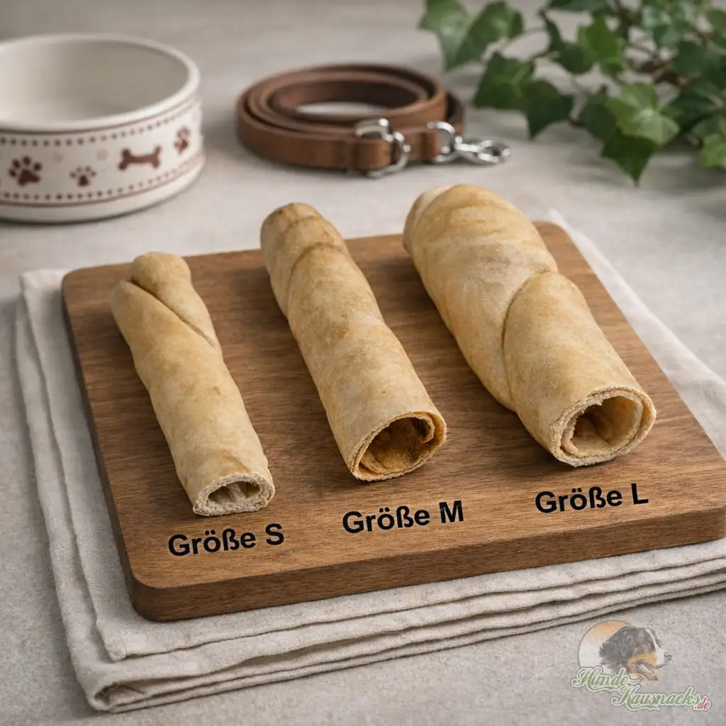 Größenvergleich Lammhaut-Rollen 15cm Gr.S Kauartikel für Hunde zur Zahnpflege