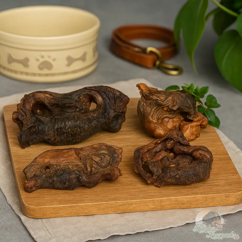 Getrocknete Pferdenasen geschnitten als Hundesnack auf Holzbrett, EU-Qualität