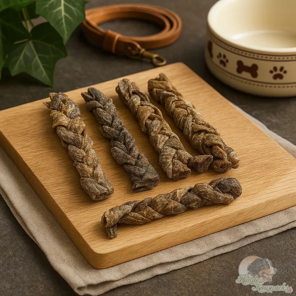 Straußenhaut-Zopf für Hunde, geflochten, hypoallergen, naturbelassener Kausnack.